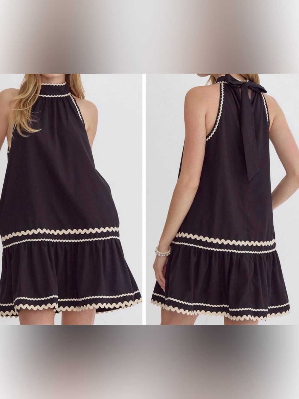 Entro Wonder Black White Ric Rac Halter Tie Neck Mini Dress with Pockets Large